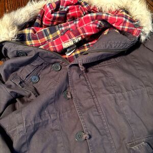 Billabong Jacket Womens M Gray  Faux Fur Red Plaid Flannel Lined Chore Parka